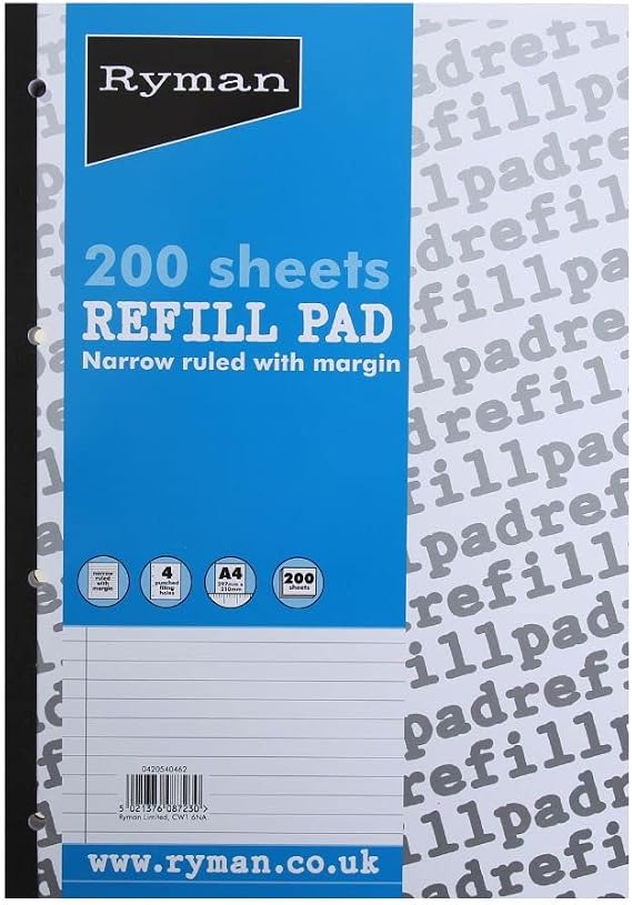Ryman Refill Pad A4 Narrow Ruled With Margin 400 Pages 200 Sheets