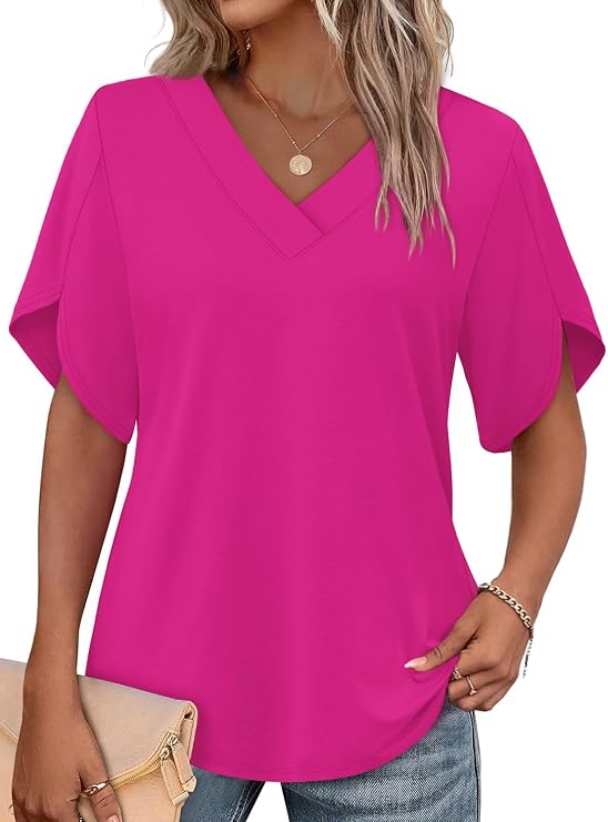 WIHOLL Womens Summer Tops Short Petal Sleeve Shirts Fashion V Neck Womens Clothing