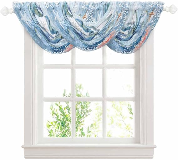 Coastal Blue Crab Waterfall Valances for Windows, Ocean Nautical Starfish Coral Wooden Kitchen Sheer Valance Curtains, Rod Pocket Elegant Swag Valances for Living Room Bedroom, 47.2"x38.5", 3 Panel