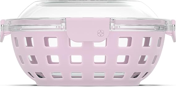 Ello DuraGlass Food Storage Glass Lunch Bowl Container - Meal Prep Container with Silicone Sleeve and Airtight Lid, 5 Cup, Cashmere Pink