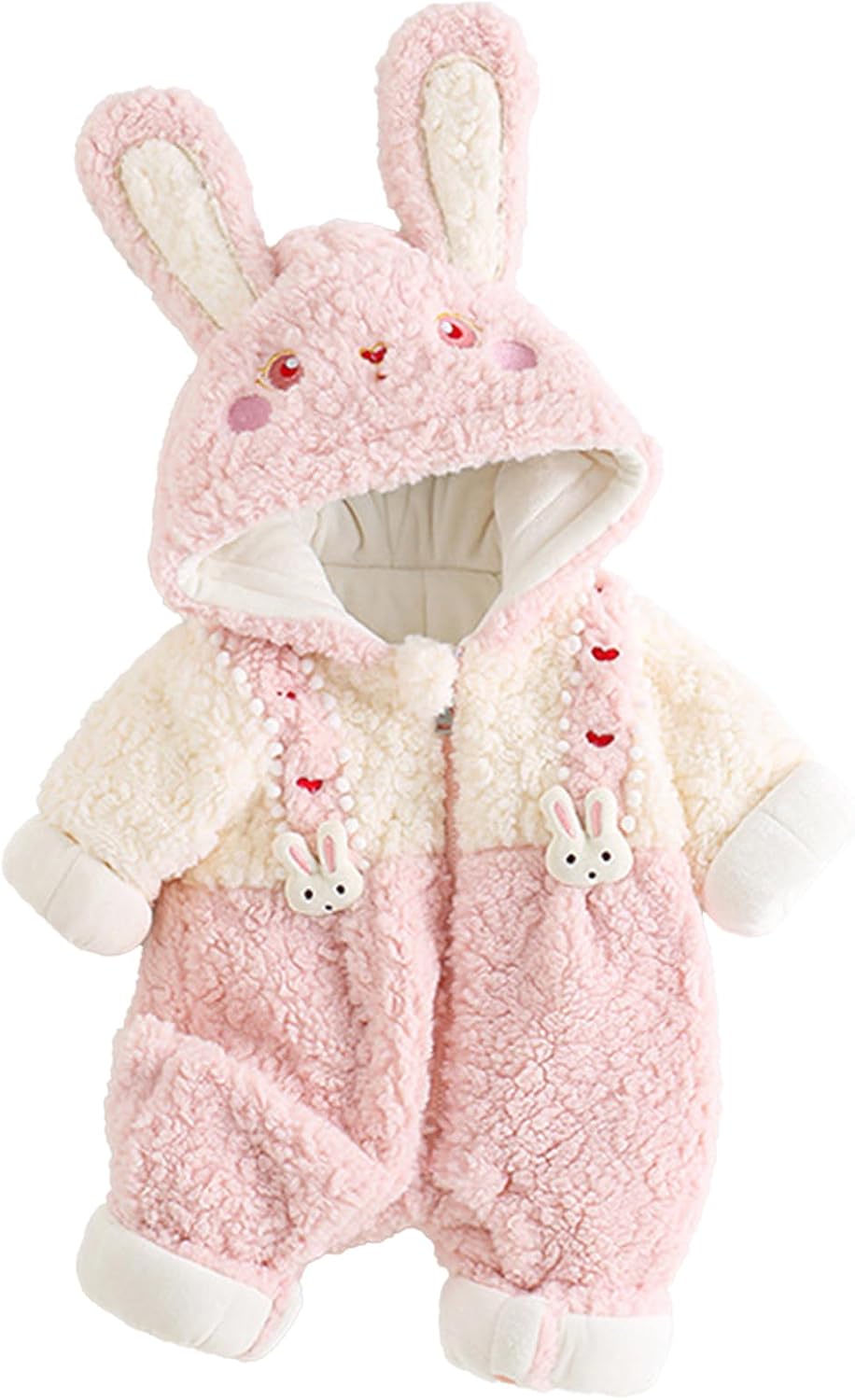 Pink Rabbit Baby Winter Plush Fleece Onesie Adorable Thickened Romper with Hood, Cute Padded Jumpsuit Baby Gift