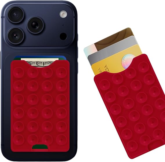 Suction Phone Card Holder Adhesive Mount,Up to 3 Cards,Red