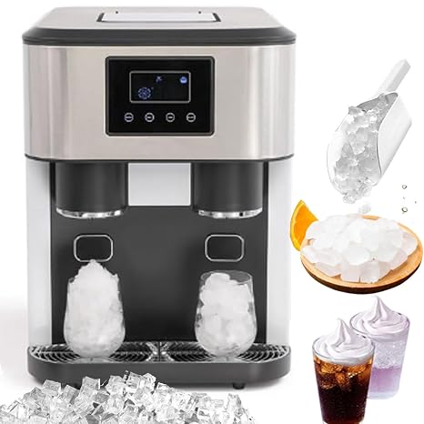 Commercial Ice Maker Machine, Nugget Ice Maker for Countertop, Self-Cleaning Portable Ice Machine with Double Water Tank, 1.3L + 3L Capacity