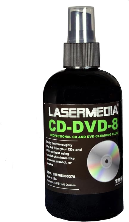TME CD DVD Cleaning Solution Fluid (Not a Scratch Remover) 8 Ounce (237 ML) Spray Bottle Cleaner CD-DVD-8 Made in USA