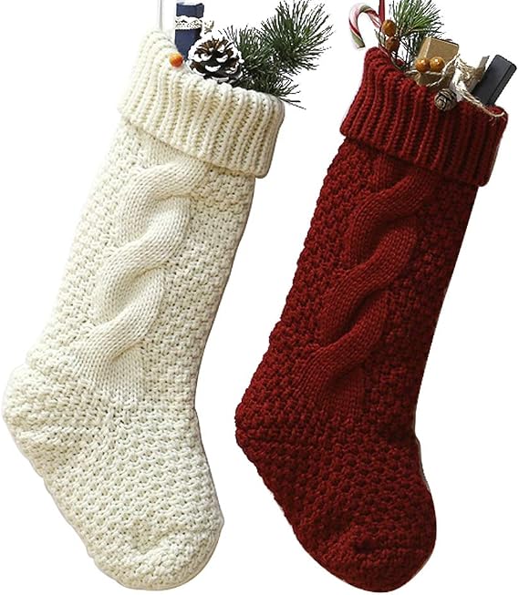 18" Large Size Cable Knit Christmas Stockings,Unique Burgundy Xmas Stocking Decorations for Family Holiday Season Decor 2 Pack