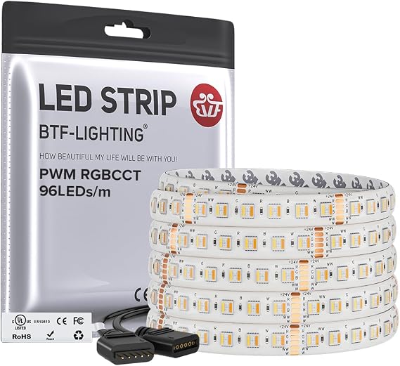 BTF-LIGHTING RGBCCT 5 Colors in 1 LED 5050SMD RGBWW RGB+Dimmable Tunable Color Temperature 2700K-6500K UL Listed 16.4ft 96LEDs/m 480LEDs DC24V Multi-Colored Tape Lights IP65(No Adapter or Controller)
