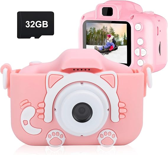 Kids Camera for Girls, 1080P HD Toddlers Digital Video Record Camera for Birthday with 32GB SD Card, 2 Inch IPS Screen Toy Cameras for 3 4 5 6 7 8 9 Years Olds, Pink