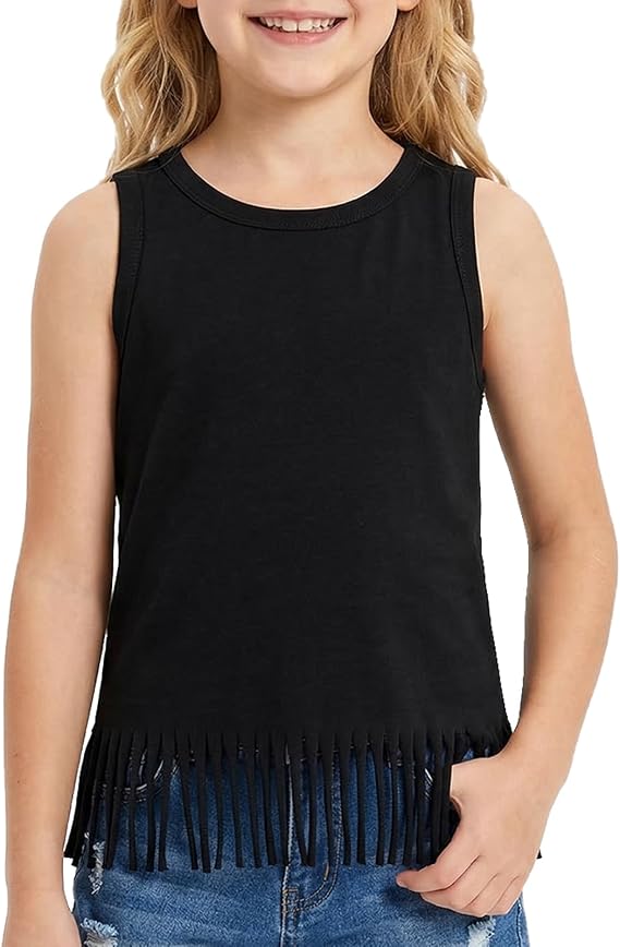 Noomelfish Girls Fringe Tank Tops Cotton Summer Sleeveless Shirts (5-12 Years)