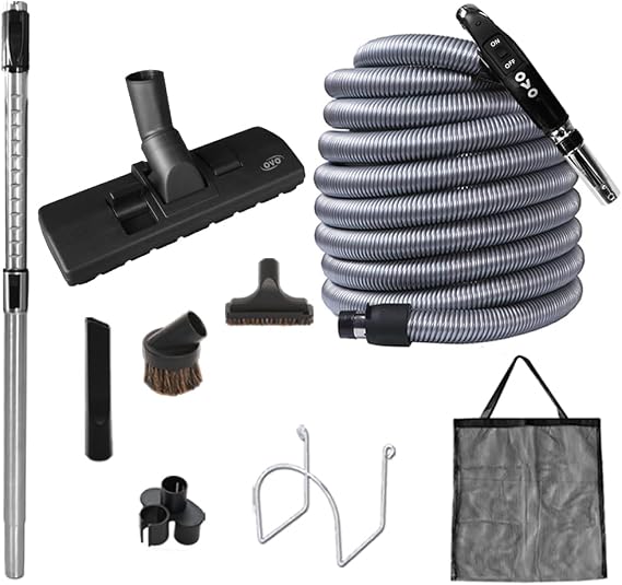 OVO Central Vacuum Standard Kit, with 30/35/40/50ft Low-Voltage Hose, ON/Off Control at The Handle, 12 Combo Brush and Accessories, for Hard Surfaces and Carpets, B 35', Black, (KIT-LV35S)