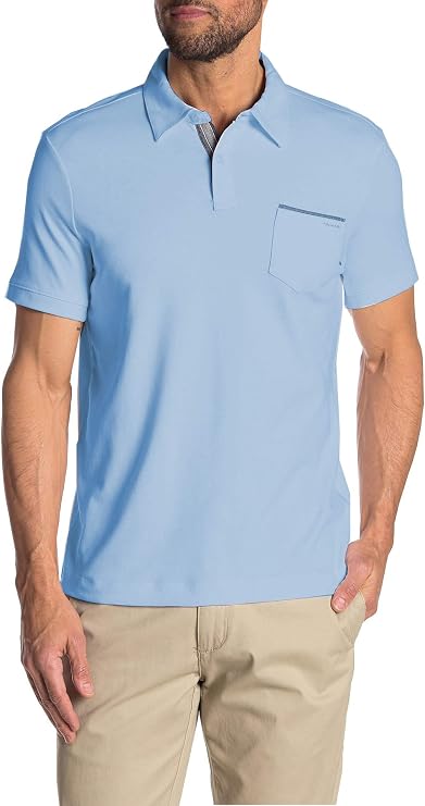 Tahari Mens Soft Knit Two Button Chambray Placket Polo Golf Shirt (Light Blue, Medium)