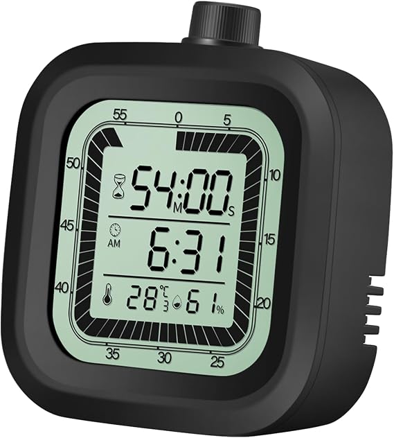 Visual Timer with Alarm Clock, Countdown 1-60 Minutes Kitchen Timer, Student Timer, Bathroom Timer Clock, Sports Timer, Time Manager, Digital Thermometer Hygrometer Black