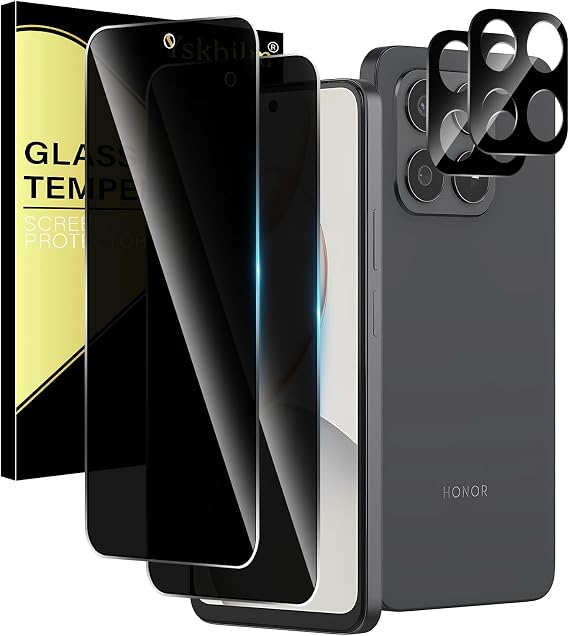 For Honor 400 Smart 4G/5G Screen Protector, 2 Privacy Tempered Glass Film + 2 Camera Lens Protector, Support Fingerprint Unlock, Anti-Shatter, Anti-Scratch, Easy Installation, Case-Friendly