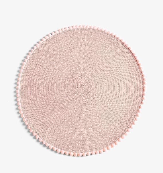 Round Braided Placemats Set of 4 – 38 cm | Non-Slip, Heat-Resistant Table Mats with Pom-Pom Tassels, Waterproof Washable Place Mats for Dining Table & Centrepiece Base (LIGHT PINK)