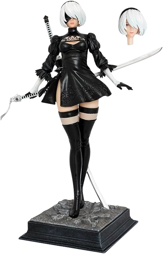 2B Game Position Statue, Interchangeable Head PVC Model (Black,28cm)