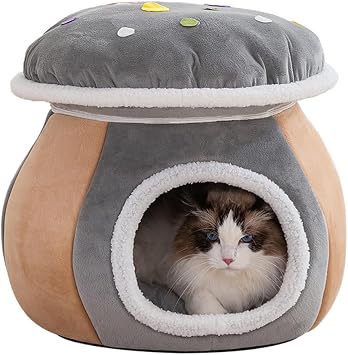 Funny Mushroom Cat House for Indoor Cats Soft Plush Cat Bed with Cushion Semi-Enclosed Pet Nest Warm Mushroom Kitten Cat Cave for Kittens Puppies