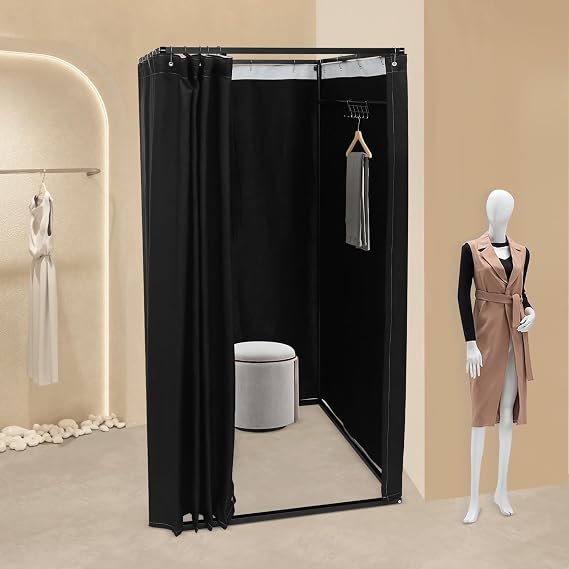 Clothing Store Fitting Room, Portable Dressing Room Frame, Changing Room with Curtain and Hook, Foldable Mall Simple Changing Room and Temporary Mobile Room for Boutiques, Office (Black)