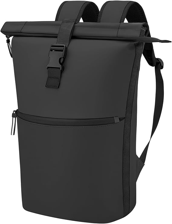 WELDUN Roll Top Backpack, 18L-27L Waterproof Travel Bag, Fits 17.3" Laptop Backpack PU Leather Rucksack for Men and Women, Comfortable Straps Suitable for Travel, School, and Business (Black)