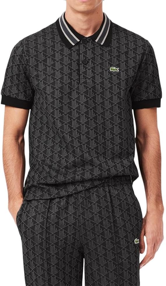 Lacoste Men's Classic Fit Monogram Jacquard Polo Shirt, Black/Graphite, X-Large