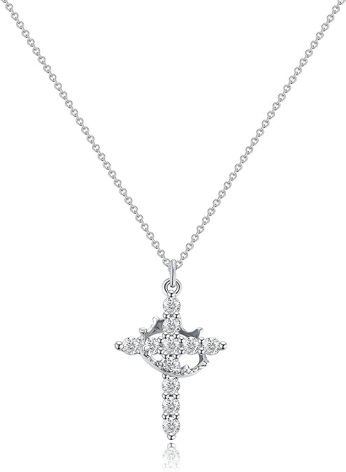 Paved Cross Rotated Crown Necklace, 18k Gold Plated Rotating Crown Diamond Cross Necklace Christian Faith Zircon Cross Blessing Necklace Jewelry Gift For Men Women