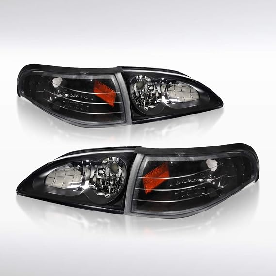Autozensation Compatible with 1994-1998 Ford Mustang L+R Pair Head Light Lamp Assembly, Black Housing Clear Lens Headlights + Corner Lights