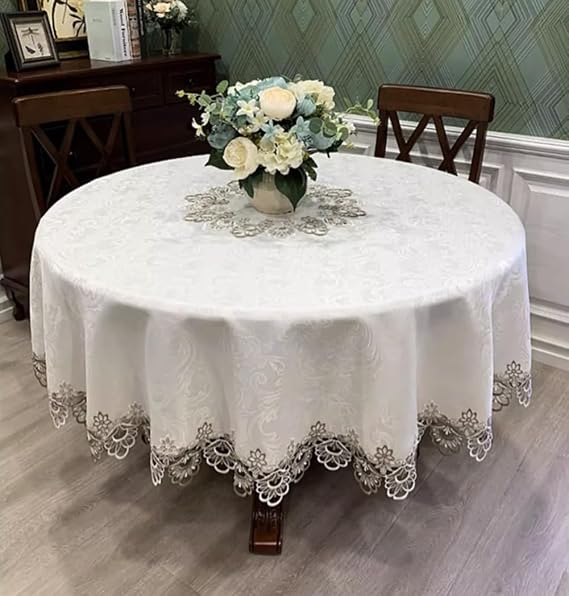 AMZALI Round Table Cloth Floral Embroidered Lace Tablecloth Wrinkle Free & Stain Resistant Fabric Tablecloths Table Cover for Kitchen Dinner