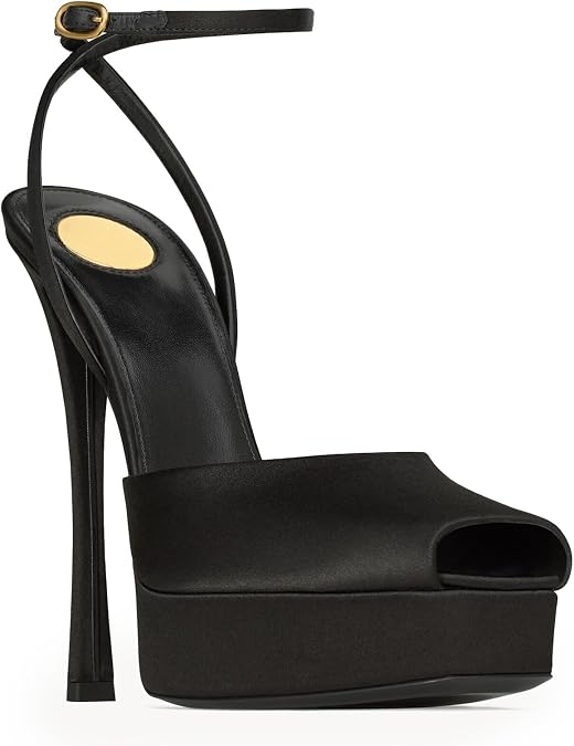 Peep Toe Platform High Heels Sandals for Womens, Satin Slingback Stiletto Shoes with Platform Ankle Strap Buckle for Weddings Evening Dressy