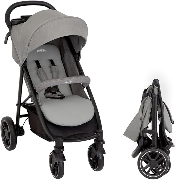 Graco Buggy EezeFold DLX | Lightweight Travel Buggy with One-Hand Folding Mechanism, 4-Wheel Suspension, Flat Reclining Position & Large Basket - Lunar Grey