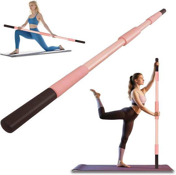 Pink Yoga Stick 58 Inch - Alloy Steel Stretching & Exercise Stick with Neck & Hand Pads, Shoulder Flexibility Tool for Yoga, Pilates & Home Gym Workouts