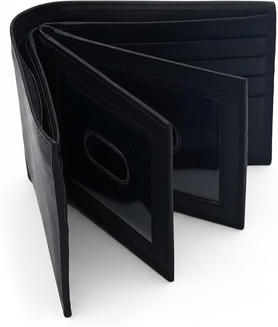 Men's Bifold Leather Wallet with 3 ID Windows and Zipper Pocket, Black | Double center flap | RFID blocking | 12 card slots | 2 bill compartments | Compact daily carry