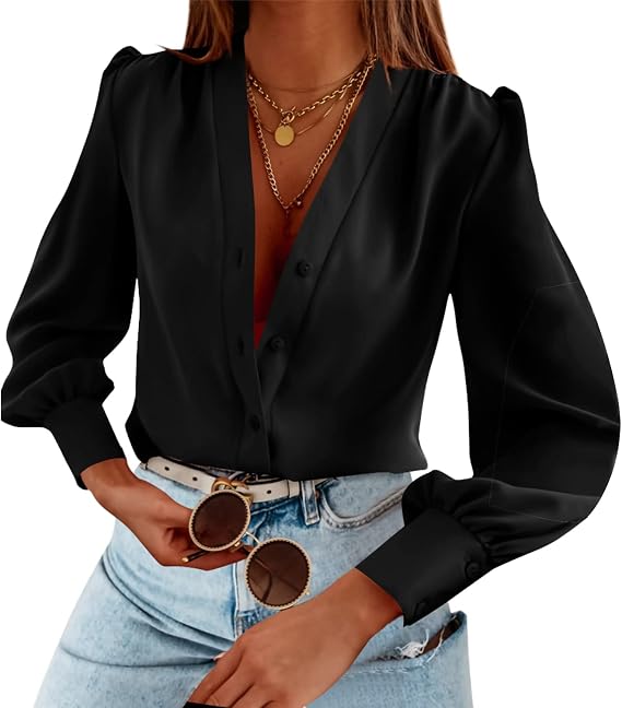 Women's Business Casual Tops Long Sleeve Button Down Shirts V Neck Blouses