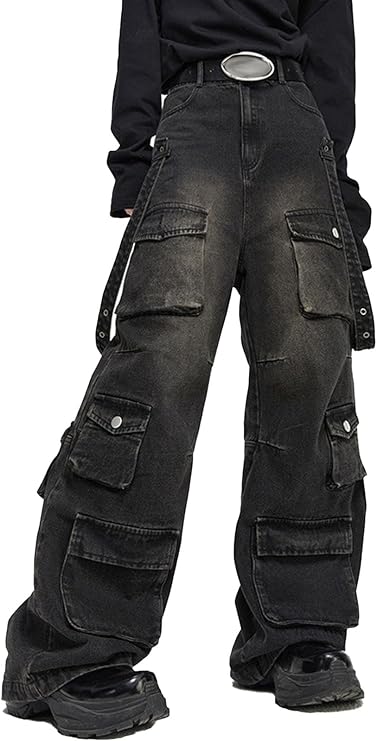 Baggy Jeans for Woman Baggy Jeans Y2k Baggy Cargo Pants Women Men High Waisted Wide Leg Jeans Hip Hop Streetwear Pants-S Black, Small