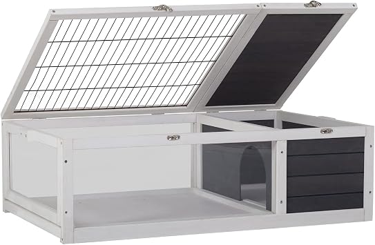 Wooden Tortoise Habitat Indoor & Outdoor Large Transparent Tortoise Enclosure in Gray with Rest Area, Activity Area and Removable Tray for Small and Medium-Sized Animals