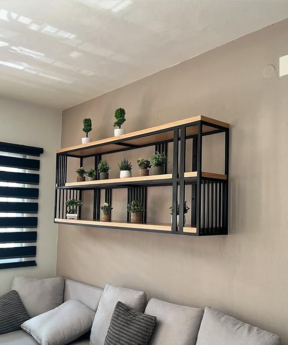 Metal ve Ahşap Duvar Rafı, Çok Yönlü Depolama Rafı, Kitaplık, Ev, Mutfak, Bar, Kafe için Metal Raflı ve Ahşap Bölmeli Asma Teşhir Ünitesi