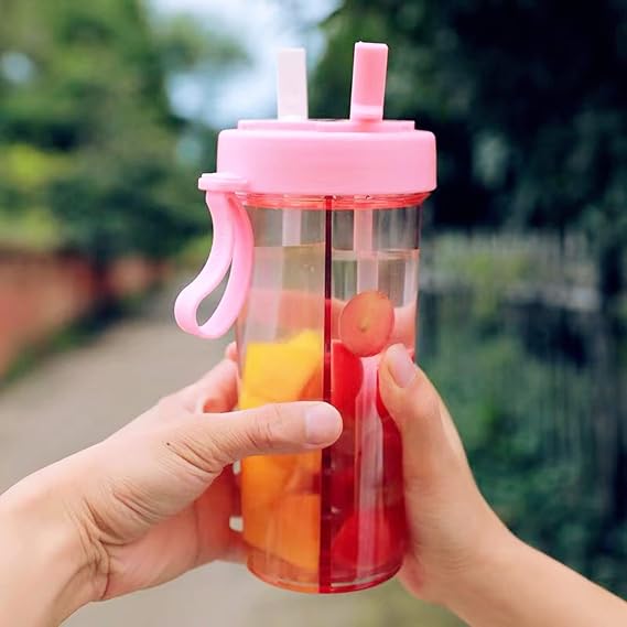 Creative Water Cup,One Cup of Two Different Drinks Two Straws Couple Outdoor Drinking Cup for Camping Hiking Backpacking Travel Office