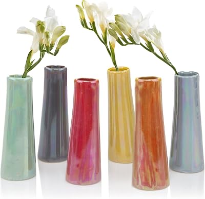 Chive - Set of 6 Galaxy, 1.5 in Wide 5.5 Tall Small Cylinder Ceramic Bud Flower Vase, Unique Single Flower Decorative Floral Vase for Home Decor, Bulk Yellow, Green, Red, Blue, Orange