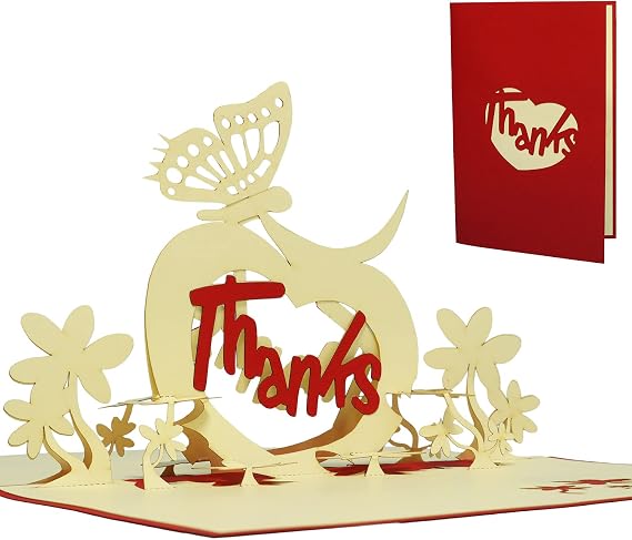 POP UP card 3D card thank you card with butterfly & heart Thanks, red, N32