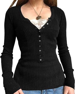 Women Y2K Long Sleeve Shirts Knit Lace Patchwork Tees Vintage Slim Fake Two-Piece Crop Tops Fit Fairy T Shirts