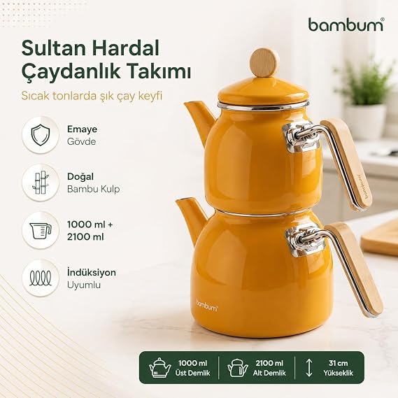 Sultan - Bambu Kulplu Emaye Çaydanlık Takımı Hardal