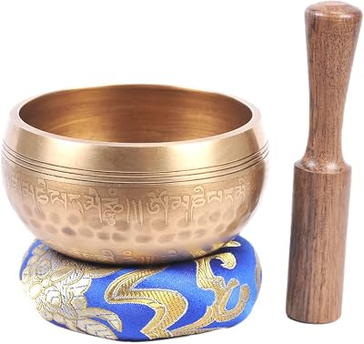 The Collection Royal Etched Tibetan Singing Bowl Set, Sound Bowl Meditation Set Authentic Meditation Bell for Healing, Yoga, Chakra Balancing, Mindfulness, Zen Decor or Unique Gift Hammered