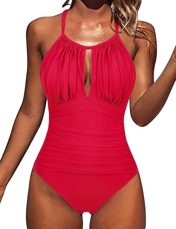 Hilor Women's Slimming One Piece Swimsuits Halter High Neck Tummy Control Bathing Suit Sexy Ruched Monokini Swimwear