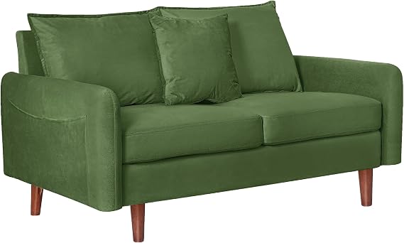 56.1" Apartment Round Arm Velvet Loveseat with Side Pockets and a Square Pillow (Army Green)