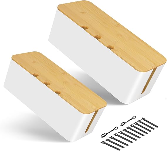 Cable Tidy Box 2 Pack Larger Desk Wire Organizer Box Cable Management Box Hiding Messy Cable Surface Wiring Power Strip Cord Management Storage Tray with Lid Lead Cover Box Large, Medium, Small -White