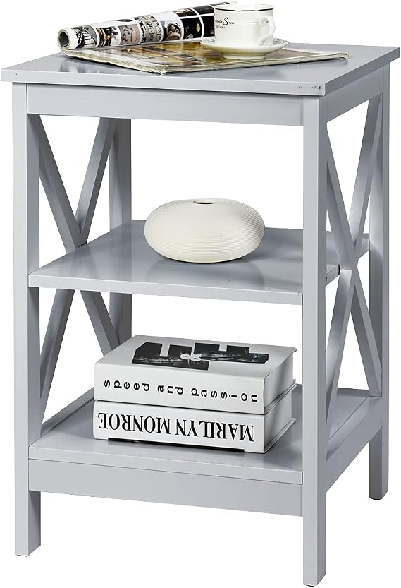 COSTWAY Bedside Table, 2/3-Tier Nightstand Sofa Side End Table with Storage Shelf, Modern Wooden X-Shaped Coffee Snack Table for Living Room, Bedroom and Office (Grey, 3 Tiers: 40 x 40 x 61cm)