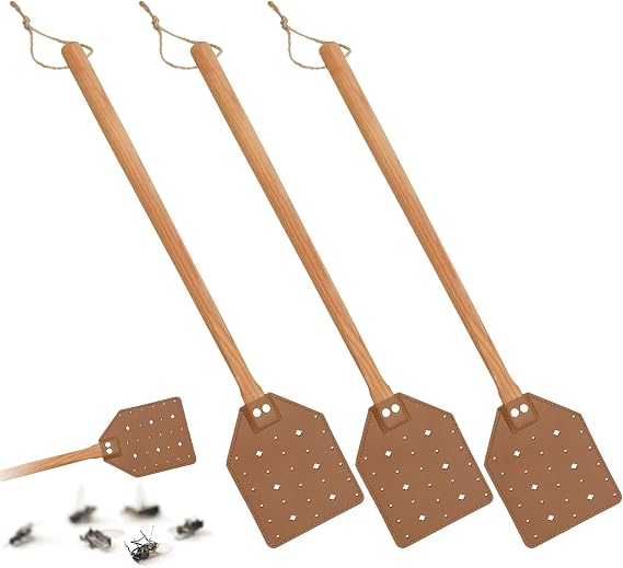 ZOCONE 3 Pack Leather Fly Swatters with Lanyard and Wooden Long Handle | Sturdy Fly Swatter Heavy Duty Wood Fly Swatter for Indoors and Outdoors