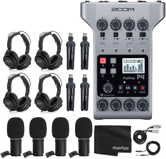 Zoom PodTrak P4 Portable Multitrack Podcast Recorder + 4x Zoom M-1 Mic + 4x Headphones + Windscreens + XLR Cables + 4x Tabletop Stand + Cloth – 4 Person Podcasting Mic Pack Bundle