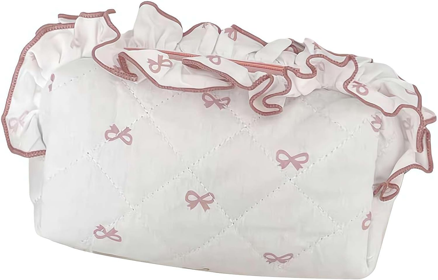 Cotton Quilted Makeup Bag,Cute Makeup Bag,Bow Travel Cosmetic Bag,Cute Lace Cotton Cosmetic Bag,Travel Toiletry Organizer Pouch Storage Make Up Bag for Women Pink