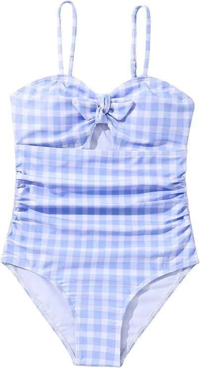 Floerns Girl's Gingham Print Ruched Cut Out Knot Front One Piece Swimsuit