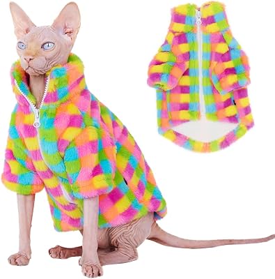Cat Winter Fleece Jacket with Zipper, Warm Rainbow Fleece Hoodie Fall and Winter, Sphynx Cats Chihuahua Yorkie Puppy Two-Legged Easy to Wear Cat Coat with Zipper S 1-3lbs