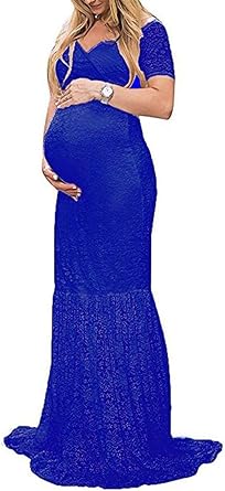 ZIUMUDY Womens Off Shoulder Short Sleeve V Neck Lace Maternity Gown Maxi Photography Dress
