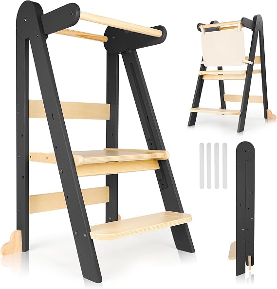 Toddler Learning Tower with Foldable Design, 3-Level Adjustable Height, Safety Guardrail & Anti-Tip Protection - Ideal for Kitchen Counter Helper, Family Mealtime & Bathroom Use (Black) 
